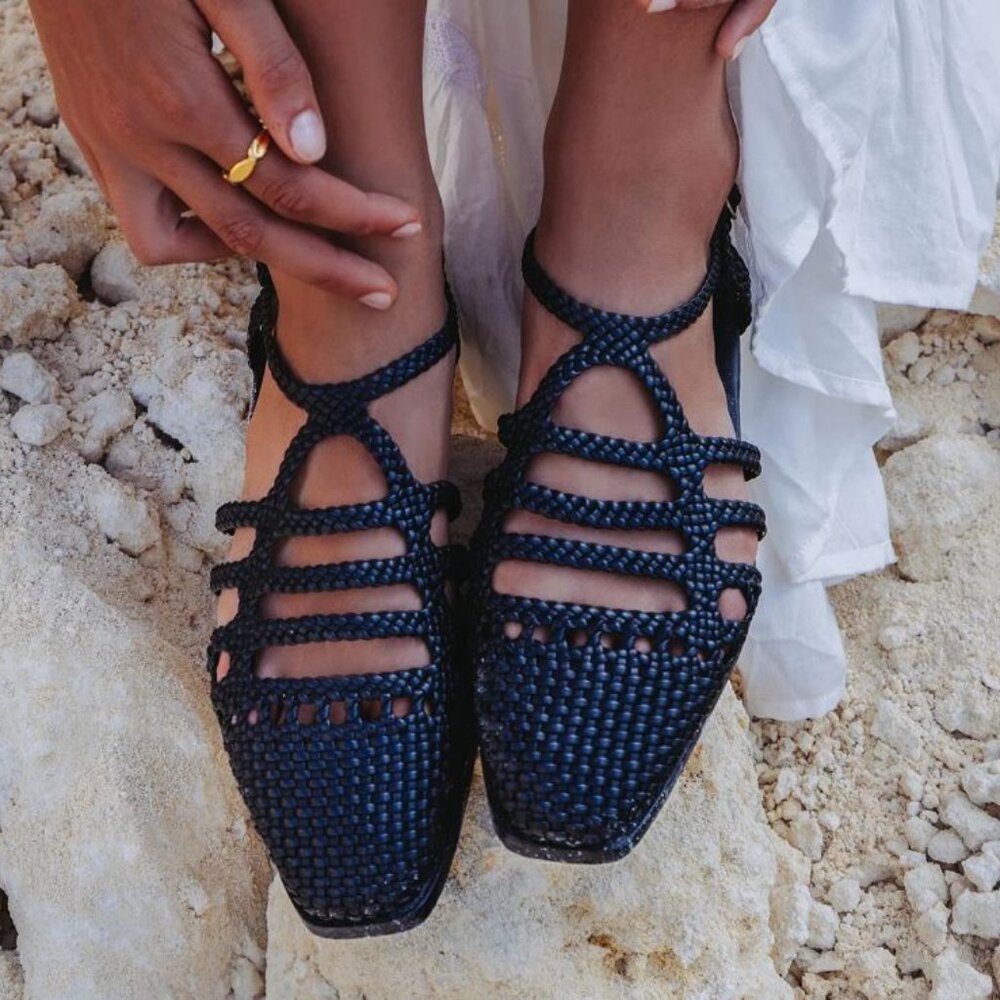 Bared Sparrow Black Leather Woven Sandals Flats 38